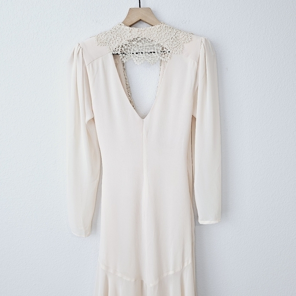 Vintage J.Harris 80s Wrap Lace Chiffon Pearls Romantic Long Sleeve Midi Dress - Picture 5 of 16